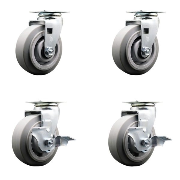 Service Caster 5 Inch Thermoplastic Rubber Swivel Caster Set with Roller Bearings 2 Brakes SCC-20S520-TPRRF-2-TLB-2